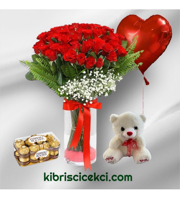 Vazoda 71 Kırmızı Gül Ayıcık 16'lı Ferrero Çikolata Kalp Helyum Balon Vazoda 71 Kırmızı Gül Ayıcık 16'lı Ferrero Çikolata Kalp Helyum Balon